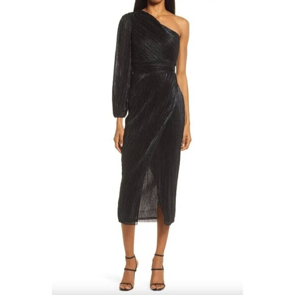 SAYLOR Alora Plissé One Shoulder Midi Dress Black Metallic Womens Size Medium 8 - Picture 1 of 11